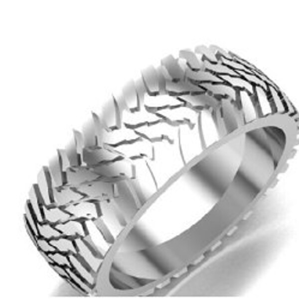 Tire tread ring in Sterling silver or blackened sterling with your car logo customised -diamond headlights