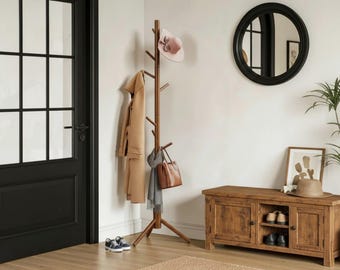 Pine Wood Coat Tree with 8 Hooks