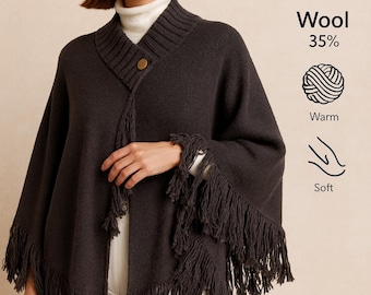Knit Cape Shawl with Metal Button,Women Fringe Poncho, Ladies One Size Shawl