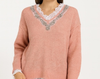 Womens knitwear jumper, Ladies V Neck Sweater, Casual Pullover, One Size 10-20