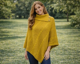 Poncho da donna in maglia grossa con bottoni, mantello asimmetrico con collo alto, caldo maglione oversize invernale, taglie 8–18
