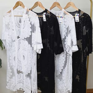 Black Sheer Crochet Lace Kimono Cardigan – Beach Cover Up or Boho Layer |  Black Long Open Front Floral Duster Cardigan One Size