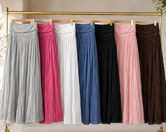 100% Cotton Crinkle Maxi Skirt, Flowy Boho Gauze, Elastic Waist, Partially Lined