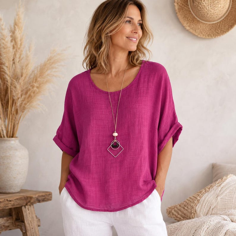 Oversized Cotton Tunic Top With Necklace Loose Fit Summer Italian oversized-cotton-tunic-top-with-necklace-loose-fit-summer-italian