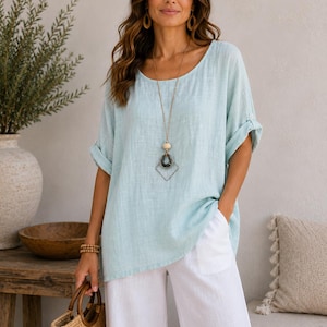 Oversized Cotton Tunic Top with Necklace, Loose Fit Summer italian Blouse Uk 8-16