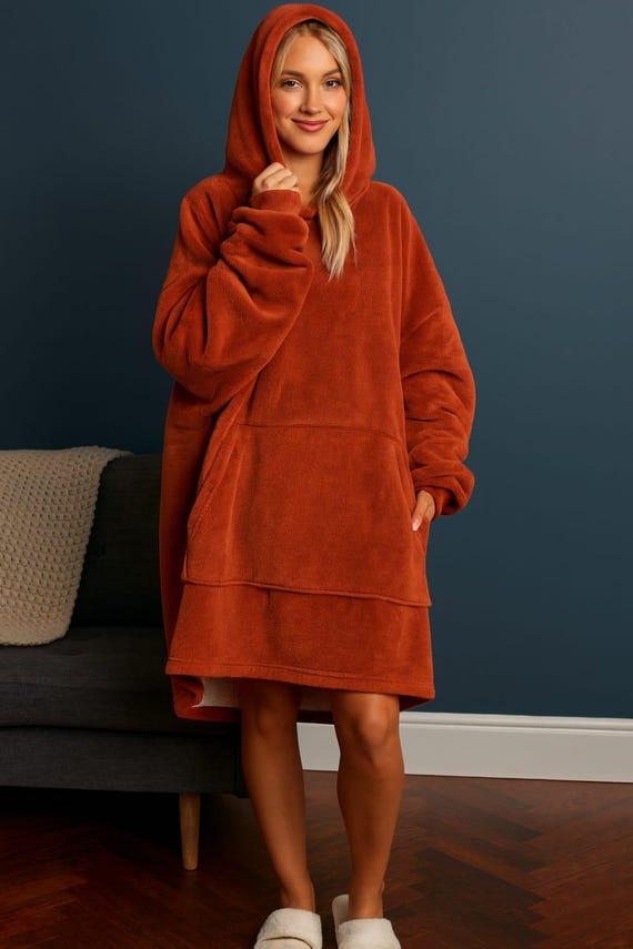 Oversized Sherpa Hoodie Blanket, Ultra Soft Fleece Loungewear, Long Casual Loose Fit Coat