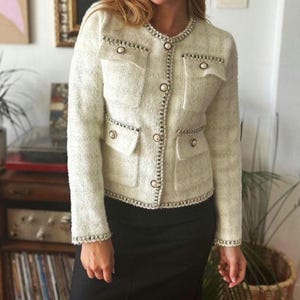 Handmade Tweed Blazer Jacket, Pearl Button Cardigan, Chic Style