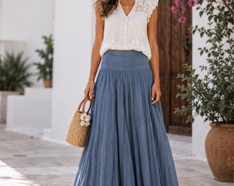 100% Cotton Crinkle Maxi Skirt Women,  Flowy Boho Gauze Long Skirt, UK Size 8-18, Elastic Waist Skirt, Summer Skirt, Partially Lined