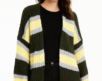 Women Chunky Knit Striped Cardigan, Oversized Long Sleeve Sweater, One Size