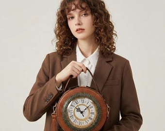 Vintage Clock Purse, Round Leather Crossbody Bag, Timepiece Handbag