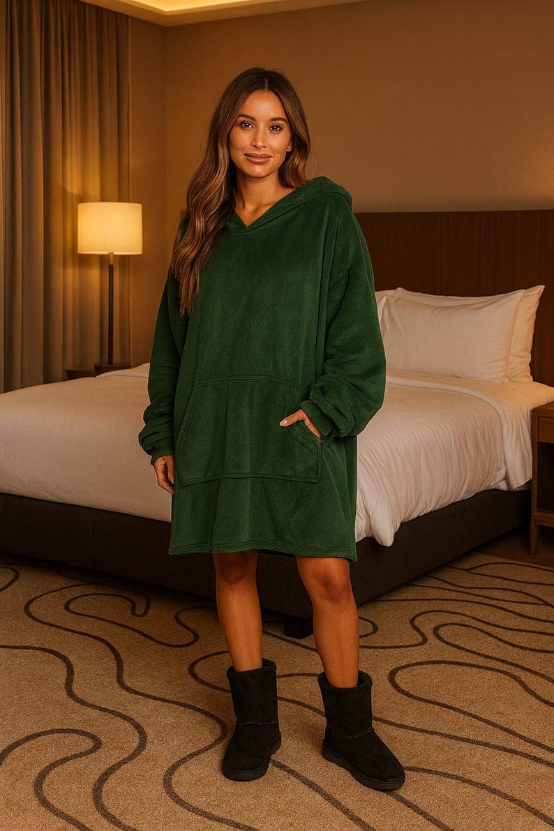 May include: A dark green hooded sweatshirt dress with a front pocket and long sleeves. The dress is knee-length and worn with black boots. The background includes a bed and a lamp.