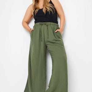 Women’s Wide Leg Palazzo Pants | High Waist Elastic Drawstring Trousers | Summer Casual Crinkle Fabric| Women Trousers | One Size 8–18