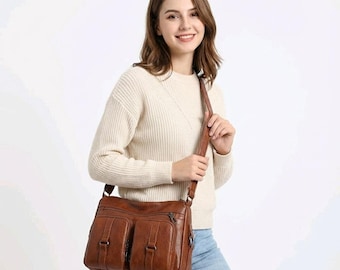 Vintage Style Crossbody Shoulder Bag for Women, Soft Faux Leather Multi-Pocket Everyday Handbag