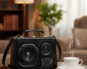 Bolso de mano vintage con altavoz de radio, bandolera de cuero retro para mujer