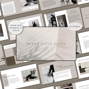May include: A digital Brand Style Guide presentation in neutral tones. The cover displays "Brand Style Guide" with the text "Made and Editable on Canva". The presentation includes 35 pages, covering brand overview, brand story, and logo construction.