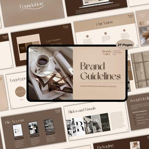 Puede incluir: Una colección de diapositivas de presentación beige y marrón con el título "Brand Guidelines". La diapositiva central presenta una taza de café en un platillo, un bolígrafo y una revista. Otras diapositivas incluyen texto como "Color Psychology" y "Brand Introduction".