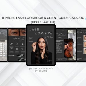 Puede incluir: Un catálogo digital de lookbook de pestañas y guía para clientes que se muestra en varias tabletas y un teléfono. El catálogo presenta estilos de pestañas, consejos de cuidado posterior e información de reserva. La portada del catálogo presenta a una mujer aplicándose pestañas. El texto incluye "LASH LUMIERE".