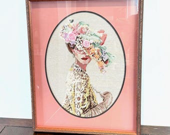 Vintage Stickbild Portrait | 3D Blumen viktorianische Dame, gerahmt Textilkunst
