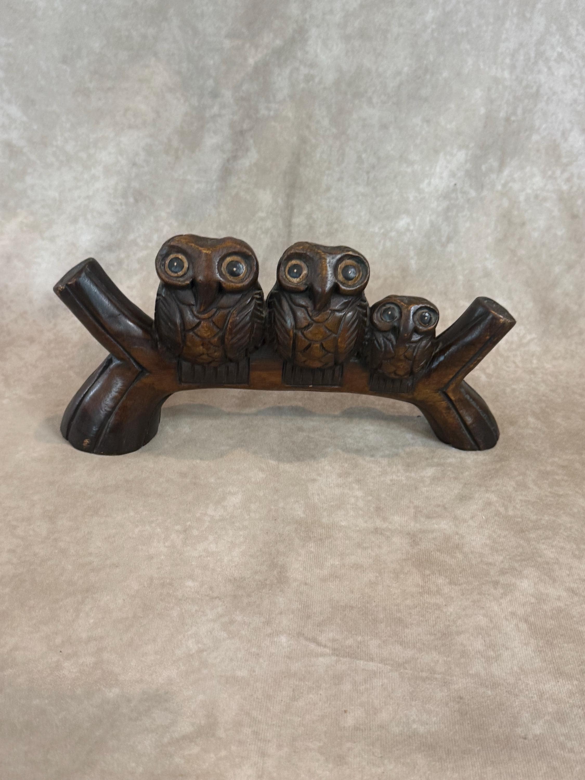 Vintage Hand Carved Wooden Owl Family Sculpture on Branch | Mid Century Boho Woodland Decor | Three 