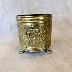 Vintage Brass Jardiniere Planter, Embossed Victorian Scene, Claw Feet, Made England