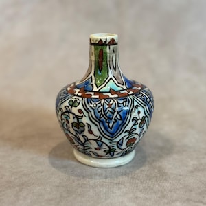 Vintage Hand-Painted Turkish Ceramic Vase, Blue Floral Bud Vase, Boho Decor
