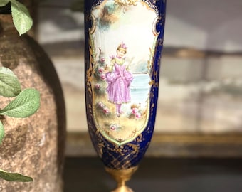 Antique Sevres Style Vase: Hand Painted Cobalt Blue Porcelain with Ormolu