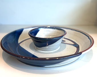 Vintage Studio Pottery Chip and Dip Set – Blue White Stoneware Serving Platter- Mid Century Pottery