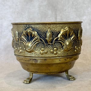 Ornate Brass Jardiniere Planter, Victorian Style Cachepot, Embossed Floral Motif, Claw Feet