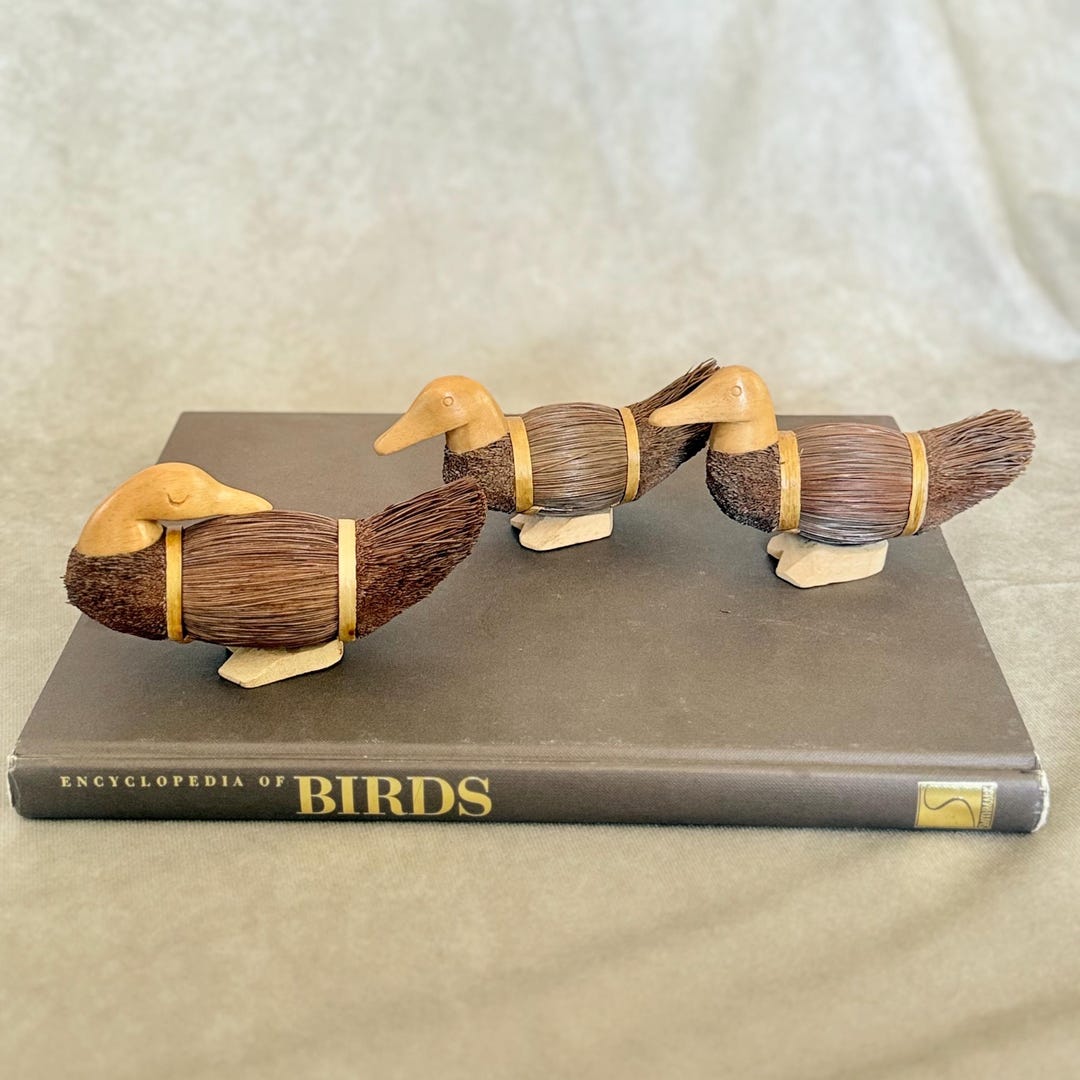Straw Duck Racing Hand Carved Wood and Straw Duck Figurines (set of 3) - Rustic Farmhouse ...