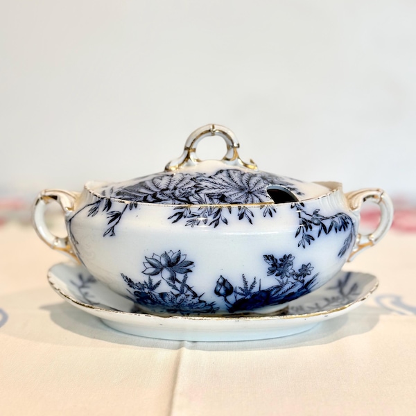 Vintage Blue Transferware Sugar Bowl with Underplate, Gold Trim Floral China
