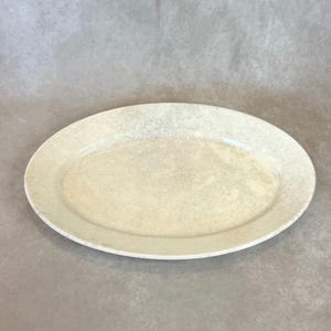 May include: An oval-shaped serving platter featuring a speckled, off-white and beige glazed finish. The surface has a subtle, mottled texture throughout, with a smooth, slightly raised rim that defines the edge of the dish.