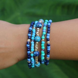 Boho Beachy Blue Beaded Bracelet, Stack of 5