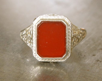 Authentic Art Deco Carnelian 14k White Gold Ring Edwardian Filigree Right Hand Ring Red Orange Unique Engagement Boho Size 7.75 7 3/4