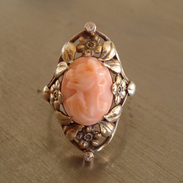 Antique Coral Cameo and Diamond Ring from 1912