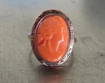 Antique Coral Cameo Ring 1900s Edwardian Orange Vintage Unique Engagement Boho Fashion Yellow Gold Size 3.75 Resizable Pinky Ring Statement