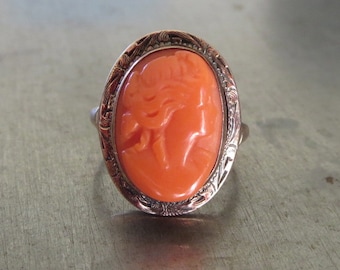 Antique Coral Cameo Ring, Edwardian Rose Gold Carved Profile (Size 3.75)
