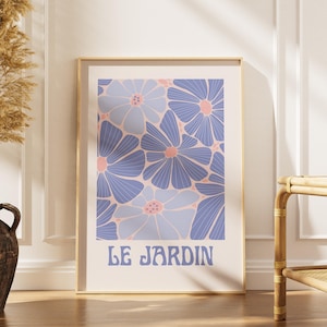 Le Jardin Wall Art | French Floral Poster | Digital Download | Pink and Blue Flower Print | Retro Garden Art | Pink Blue Botanical Art