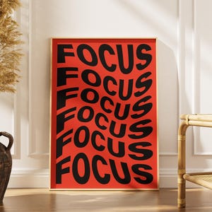 Focus Poster Download | Motivational Typography Wall Art | Modern Red and Black Print | Bold Digital Print | Home Office Printable Decor