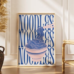 Noodles Wall Art | Ramen Poster Printable | Retro Pop Kitchen | Pink & Blue Food Illustration | Modern Kitchen Wall Art | Noodles Poster