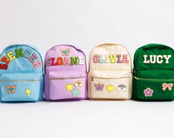 Personalized Nylon Backpack with Sewn Chenille Patches | Custom Kids School Bag | Back to School Backpack | Custom Name Bag