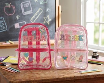 Personalized Clear Backpack with Patches, Custom Clear School Bag, Stadium Approved Backpack, Chenille Letter Bag