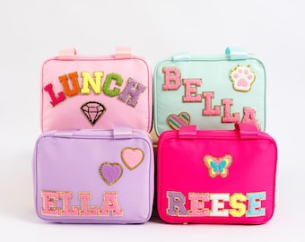 Personalized Lunch Box for Kids | Custom Name Chenille Patch Lunch Bag | Insulated Nylon Bento Bag | Back to School Gift | Kids Lunch BaG