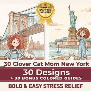 New York Coloring Pages for Adults| 30 Bold Easy NYC Travel Designs 30 Color Guides | Stress Relief Printable PDF | Clover Cat Mom