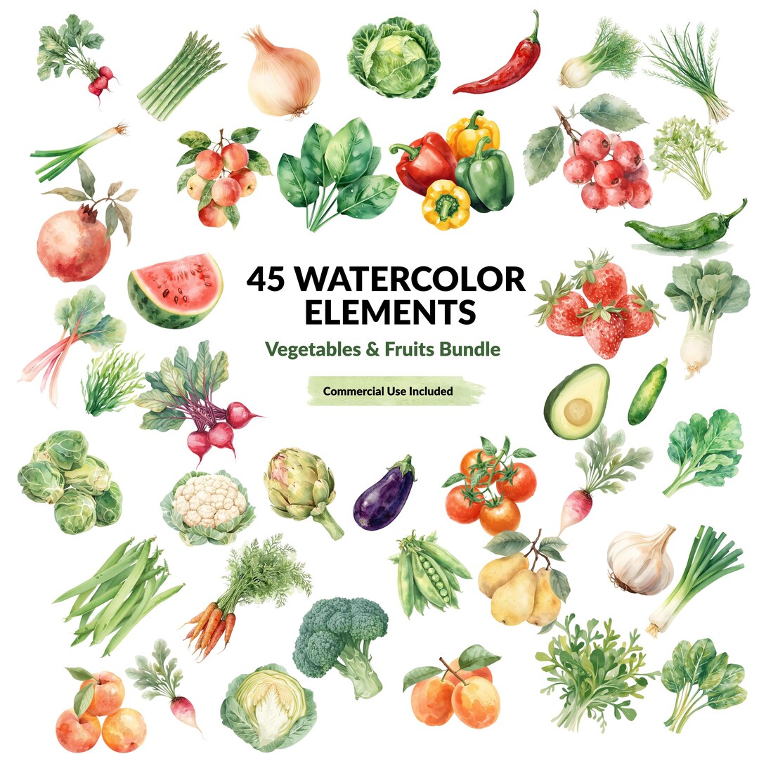 Watercolor Vegetable Clipart Bundle, Fruit Illustrations, Farmhouse ...