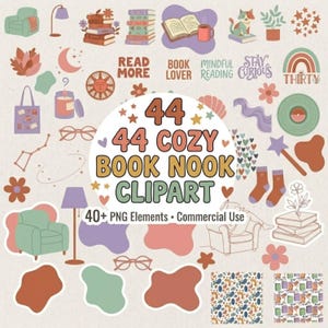 May include: A collection of 44 cozy book nook clipart elements in various colors. The image includes illustrations of books, armchairs, lamps, and decorative elements, with the text "44 COZY BOOK NOOK CLIPART".