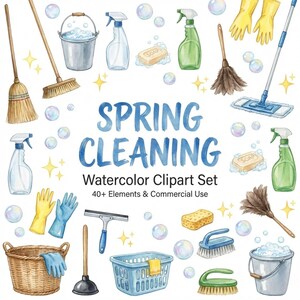 May include: Watercolor clipart set with a spring cleaning theme. Features brooms, spray bottles, soap, buckets, brushes, gloves, a plunger, and a laundry basket. The text "Spring Cleaning" is in blue watercolor lettering.