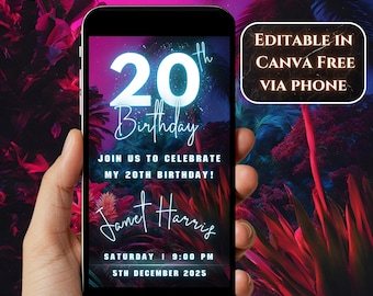 20th Birthday video invitation, tropical neon 20th birthday invitation, editable invitation, luxury glamorous invite, Canva editable