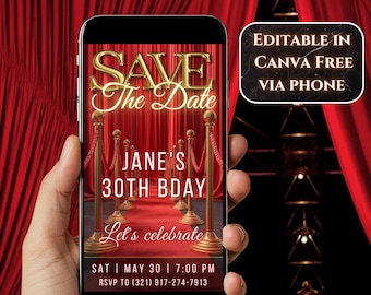 Save The Date Video Invitation Birthday Editable Age, Red Carpet Party Invite, Luxury Digital Invite, Hollywood Glam Video Invite any age