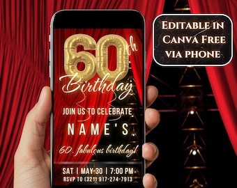 60th Birthday Invitation Video Template Gold Red Luxury Hollywood theater Party Invite Canva Download