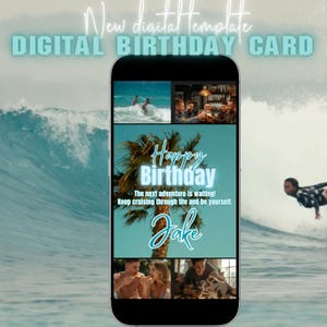 Beach digital birthday card, e-video card template, Birthday-message digital, download for phones, turquoise Surfer Theme Bild 6